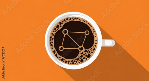 Top down view of a foamy coffee cup with a molecular structure design on a vibrant orange background symbolizing science and technology in daily life