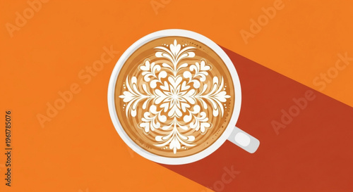 Vibrant latte art design in a white mug on orange background with shadow
