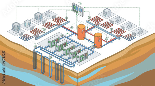 Geothermal power plant diagram illustration.