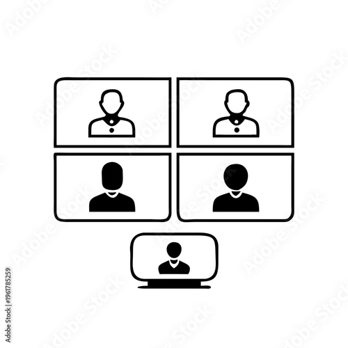 Online video conference grid with multiple participants in virtual meeting icon