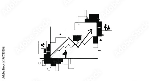 Abstract graphic illustrating upward business growth and progress with a rising arrow and small figures.