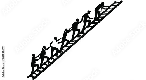 Silhouettes of business people climbing a ladder together, symbolizing teamwork and ambition.