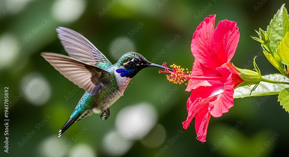 Fototapeta premium A beautiful hummingbird hovering in mid-air to feed on a bright red hibiscus flower in a lush garden