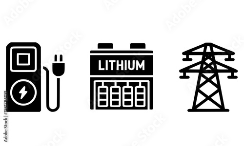 Bold black icon set of electric vehicle charging station, lithium battery factory, and power transmission tower, perfect for energy, electricity, and sustainability concept designs