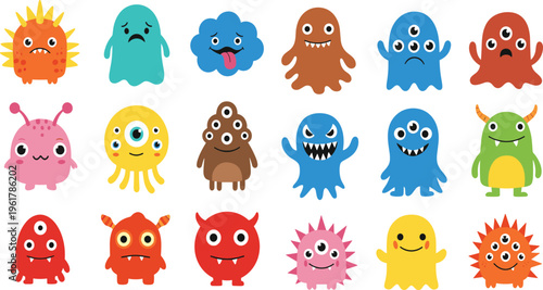 Funny Cute Monster Character Pack with Colorful Cartoon Creatures Fantasy Mascots for Kids Games Stickers and Creative Vector Illustration Design.