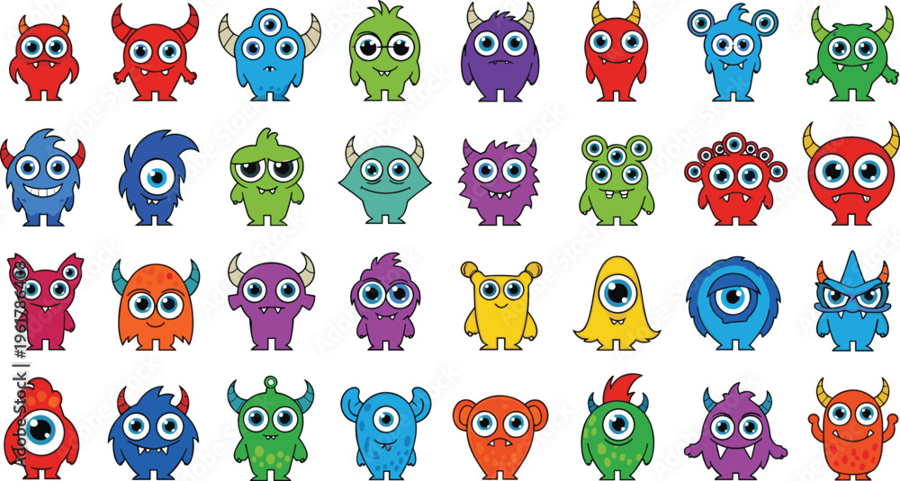 Fototapeta premium Cartoon Monster Icon Set with Funny Colorful Creatures Cute Fantasy Characters for Kids Games Stickers and Playful Vector Illustration Design.