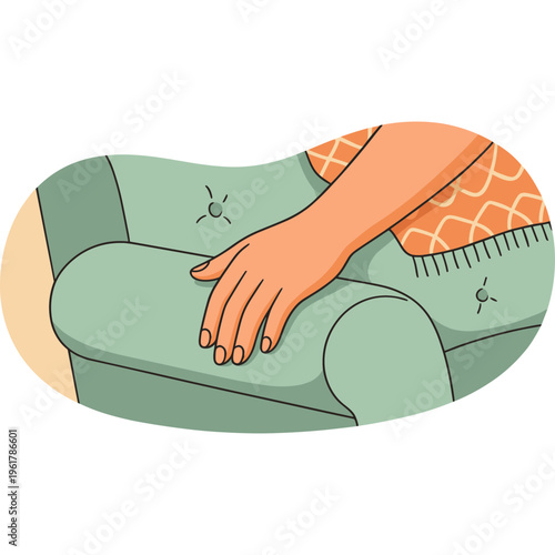 A hand rests on a dusty green sofa cushion with stains.