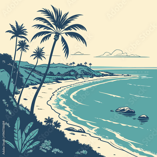 A beach with palm trees and rocks on the shore