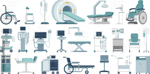 Advanced hospital medical equipment collection MRI scanner ICU tools surgical devices healthcare technology clinic furniture modern diagnostic treatment setup