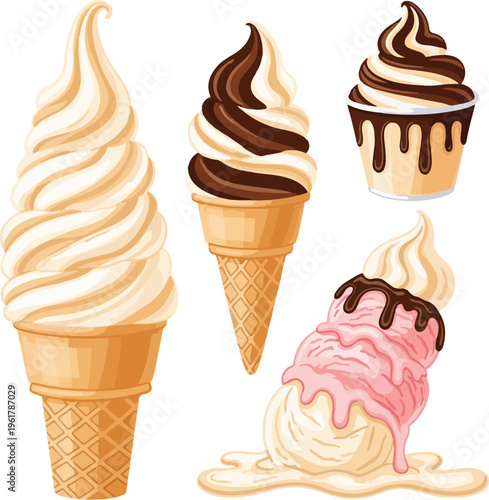 Set of Soft Serve Ice Cream Vectors with Vanilla and Chocolate Swirl Cones and Melting Sundae