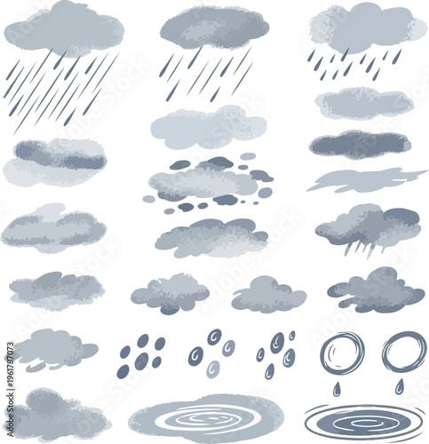Watercolor Rainy Season Cloud and Water Drop Elements Set for Weather Forecast and Nature Design