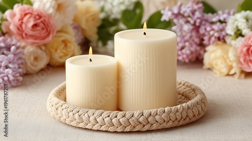 Two ribbed cream pillar candles burn on a woven tray, surrounded by a lush arrangement of pink roses and purple lilacs. The soft lighting creates a warm, tranquil, and cozy indoor atmosphere. 