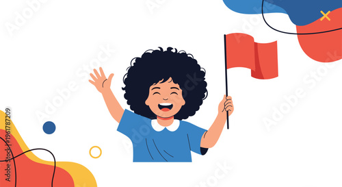 Happy and enthusiastic young girl with a curly afro hairstyle is smiling and waving a small red flag on an abstract background.