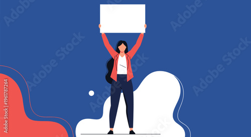 Determined young businesswoman stands and holds a blank white sign overhead for your custom message or protest statement.