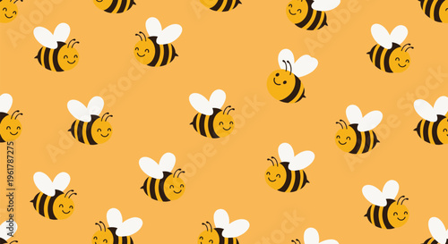 Adorable smiling cartoon bees are flying in a seamless pattern on a warm orange background creating a sweet and happy design.