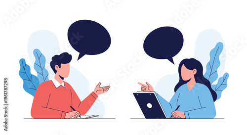 Man and woman sit at a desk having a professional conversation or job interview with empty speech bubbles for custom text.