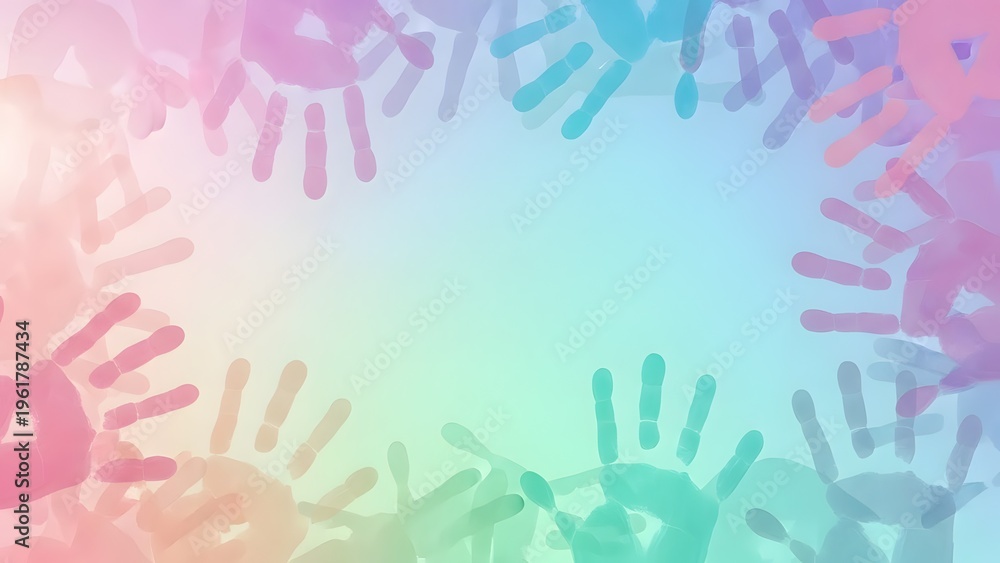 Fototapeta premium Colorful Handprint Border on Pastel Gradient Background