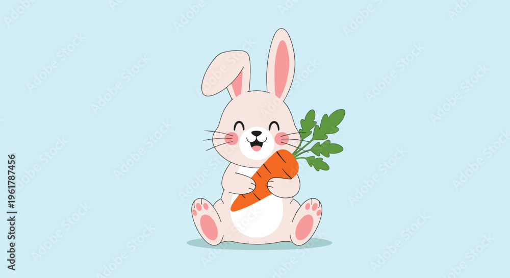 Obraz premium Adorable happy bunny with rosy cheeks is sitting and holding a fresh orange carrot on a light blue background for Easter.