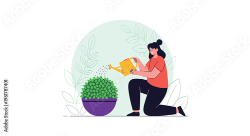 Happy young woman is kneeling down and carefully watering a large potted plant with a yellow watering can for home gardening.
