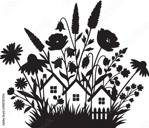 Black silhouette garden scene, floral landscape vector, house and flowers illustration, decorative border design