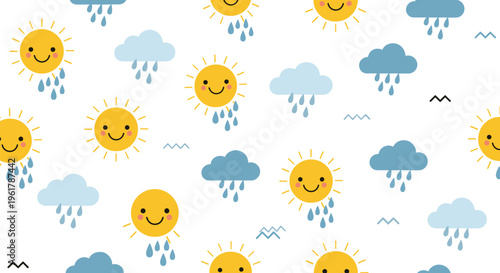 Cute seamless weather pattern for kids with smiling cartoon suns and light blue clouds raining on a clean white background.