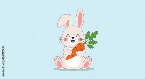 Adorable happy bunny with rosy cheeks is sitting and holding a fresh orange carrot on a light blue background for Easter.