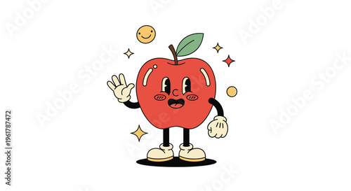 A groovy retro cartoon apple character in the vintage 1930s animation style is waving and smiling on a white background.