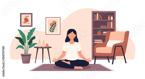 Woman meditates in a peaceful and cozy living room setting with plants candles and a comfortable armchair for relaxation.