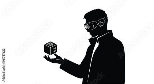 Man in silhouette wearing VR headset interacts with a floating digital cube