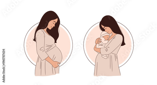 Two illustrations show the beautiful journey of motherhood with a pregnant woman and a new mother holding her newborn baby.