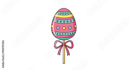 A beautifully decorated Easter egg lollipop with colorful patterns and a pink ribbon tied to the stick isolated on a white background.
