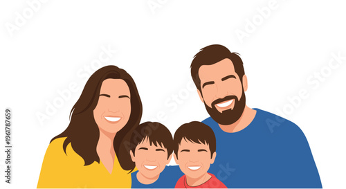 A heartwarming illustration of a happy family portrait with a mother father and two young sons smiling together against a clean white background.