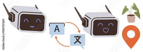 Language translation, communication, AI technology, global connectivity, multilingual services, tech innovation. Two smiling robots with translation speech bubbles, arrows and icons. Language