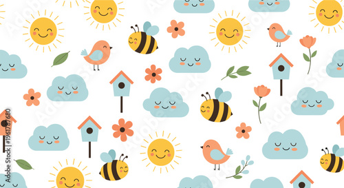 A cheerful seamless spring pattern with cute smiling suns happy clouds buzzing bees and sweet birds perfect for kids textile design.