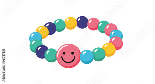 A cute and colorful beaded bracelet with a large pink smiley face bead as the centerpiece isolated on a white background.