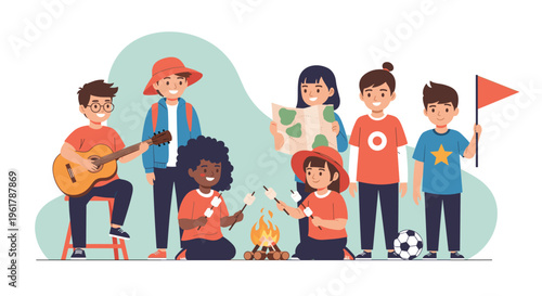 A diverse group of happy children at summer camp playing guitar roasting marshmallows and reading a map around a warm campfire.