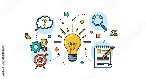 Creative Idea Generation - Light Bulb Surrounded by Innovation Symbols.