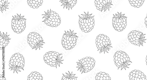 A seamless monochrome background pattern of raspberries hand-drawn in a detailed stippling or dotwork sketch style illustration.