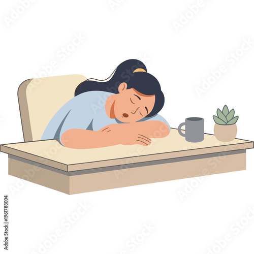 Woman sleeping peacefully on a table next to a coffee mug and plant