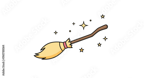 A cartoon witch's broomstick with magical sparkles flying through the air isolated on a clean white background for halloween.