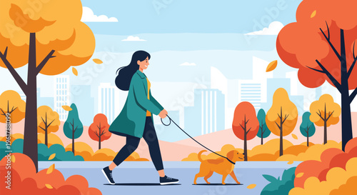 A stylish woman walks her dog through a beautiful city park during autumn with colorful trees and falling leaves all around.