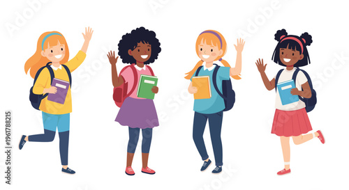 A diverse group of four happy schoolgirls with backpacks and books waving hello as they head back to school together.