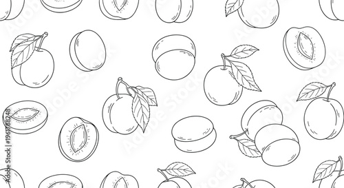 A monochrome seamless pattern of apricots and plums drawn in a simple and clean line art style perfect for coloring or backgrounds.
