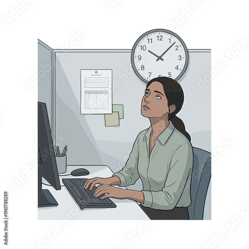 A bored woman sits at her office desk staring up at a clock on the wall.