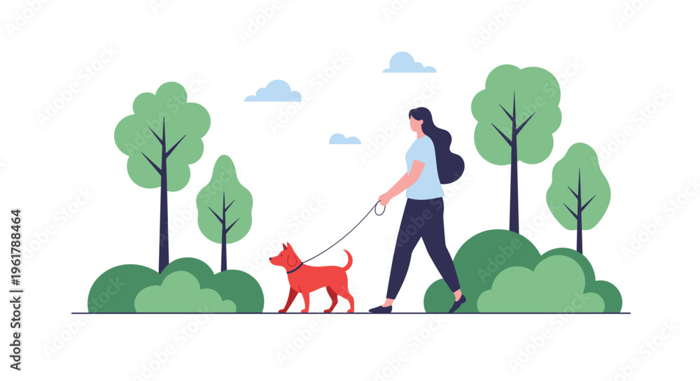 Fototapeta premium A simple flat illustration of a woman with long hair walking her small red dog on a leash through a minimalist green park.