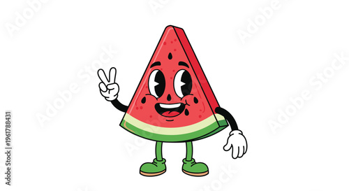 A retro cartoon mascot of a watermelon slice character with vintage style eyes giving a peace sign on a white background.