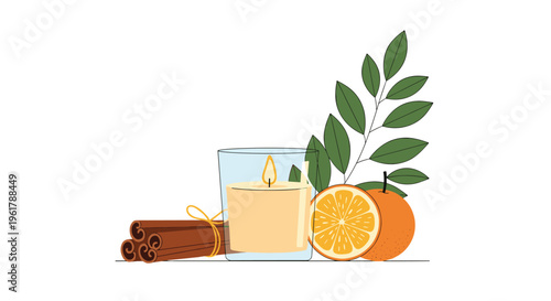 A relaxing aromatherapy scene with a lit candle cinnamon sticks a fresh orange and green leaves for a spa or wellness concept.