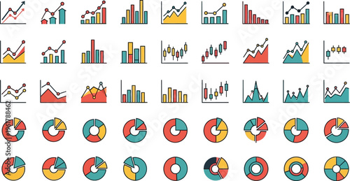 A colorful collection of business chart symbols features donut charts, line graphs, and candlestick diagrams in rows for web design.