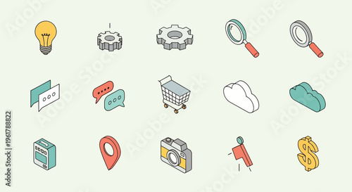 Comprehensive set of business and communication vector icons featuring web design symbols for internet media, computer technology, and professional travel signs in a flat illustration style