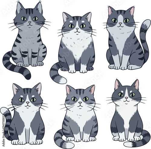 Set of Cute Grey Tabby Cat Illustrations, Adorable Domestic Kittens Character Design for National Pet Month